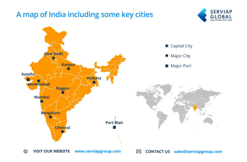 SERVIAP GLOBAL mapa da Índia para acompanhar artigo sobre o prestador de serviços de PEO na Índia.