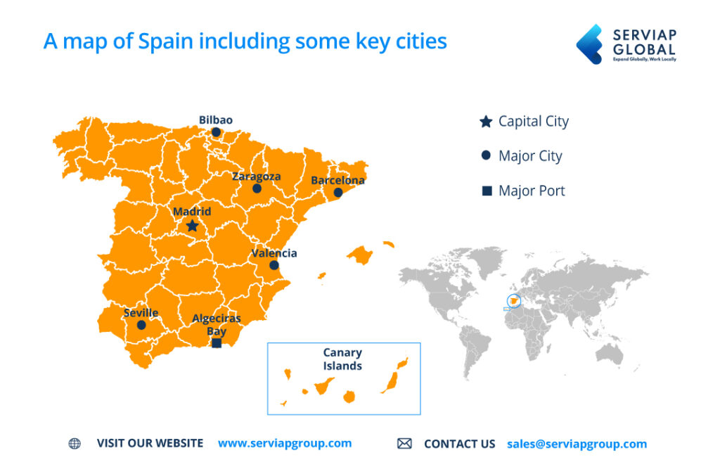 SERVIAP GLOBAL-Karte von Spanien als Beilage zu einem Artikel über den Arbeitgeber in Spanien EOR,