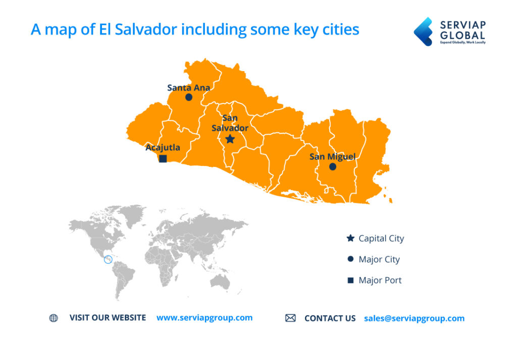 Serviap Global Karte von El Salvador zu begleiten Artikel über die Verwendung eines lokalen PEO Lohn-und Gehaltsabrechnung Unternehmen professionelle Arbeitgeber Organisation.