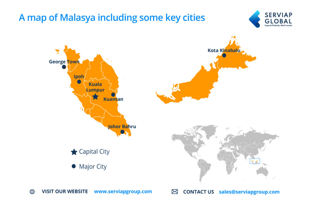 Serviap Globale Karte von Malaysia mit einigen Großstädten für Artikel über Arbeitgeber in Malaysia, EOR in Malaysia.