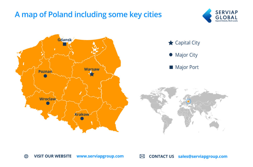 A Serviap Global map of Poland to accompany article on hiring via an employer of record in Poland / EOR in Poland.