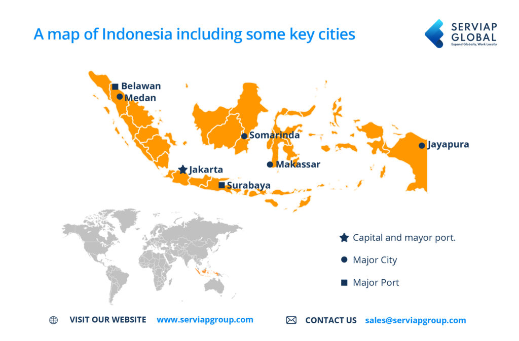 Serviap Global map of Indonesia para acompanhar o artigo sobre a contratação de pessoal através de um empregador de registo na Indonésia EOR.