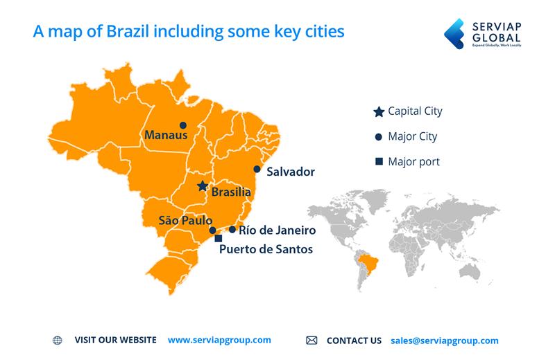 A Serviap Global infographic of a map of Brazil to accompany article on hiring via an employer of record in Brazil