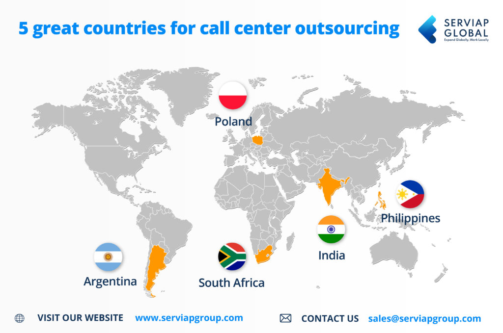 Serviap Globale Karte der fünf idealen Länder für Call Center Outsourcing
