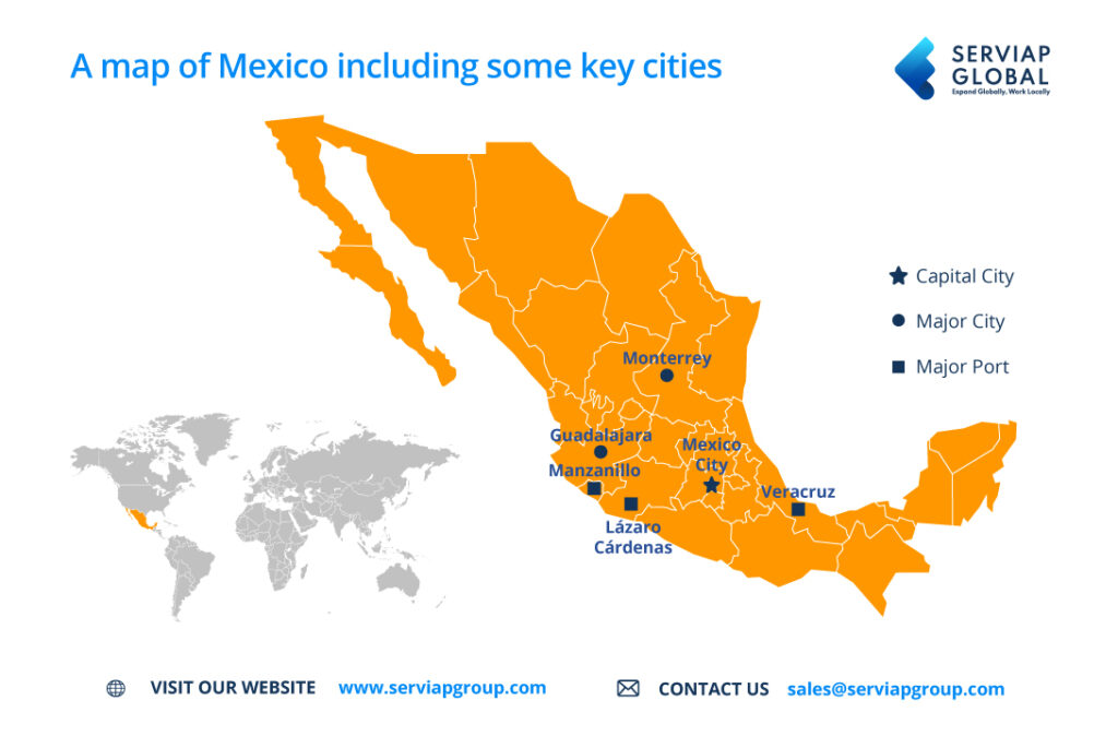 Um mapa da Serviap Global do México, para acompanhar o artigo sobre os serviços de processamento de salários no México