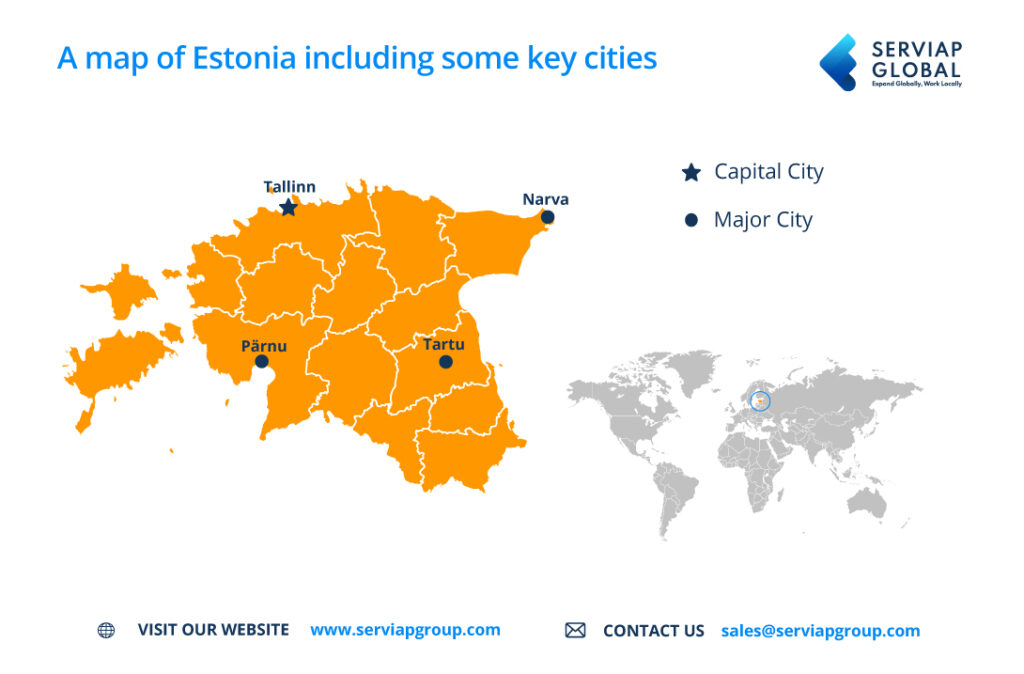 Um mapa da Serviap Global para acompanhar o artigo sobre a contratação através de um empregador de registo na Estónia.
