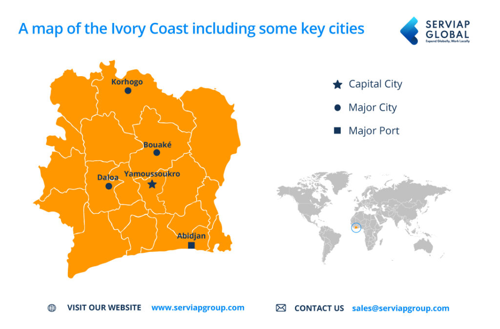 A map of the Ivory Coast to accompany article on employer of record services in the West African country.