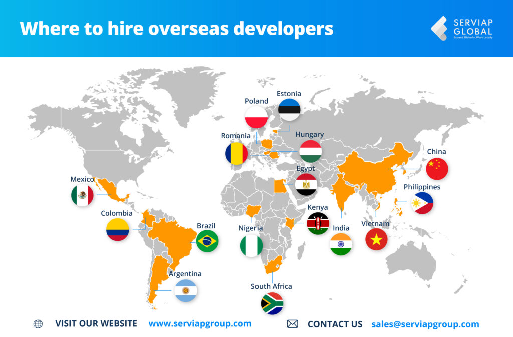 Serviap Global map of where to hire foreign developers via an EOR.