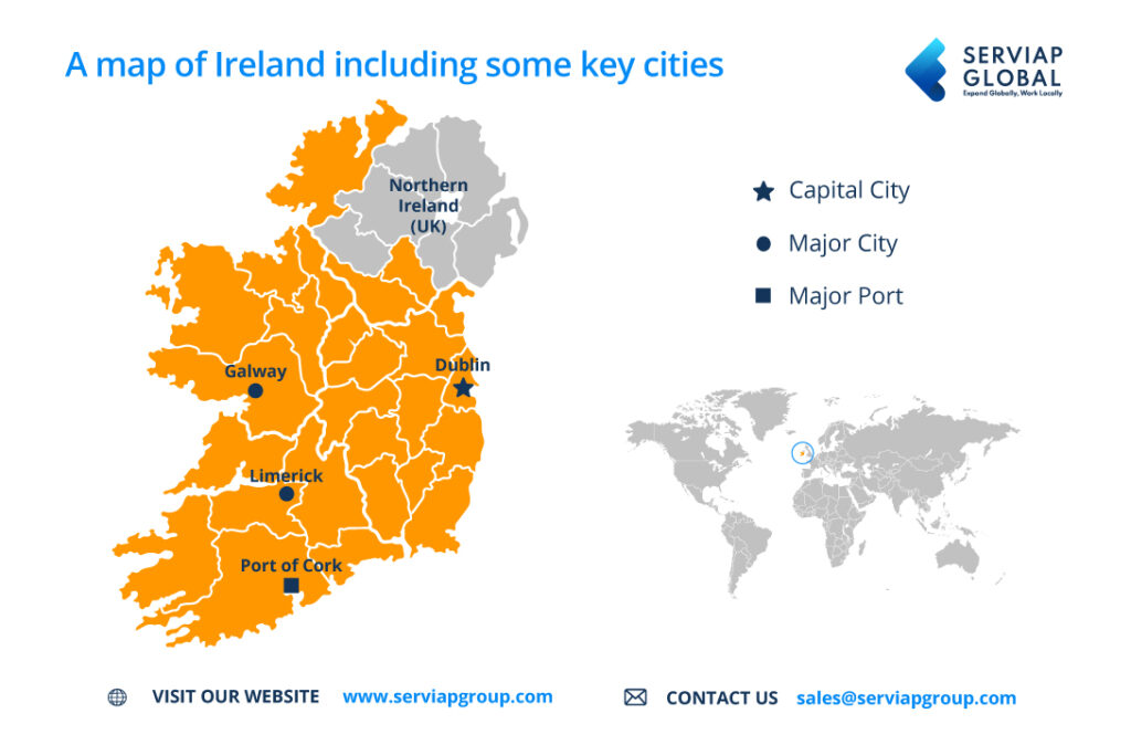 Serviap Global map of ROI para acompanhar artigo sobre contratação através de uma EOR Irlanda.