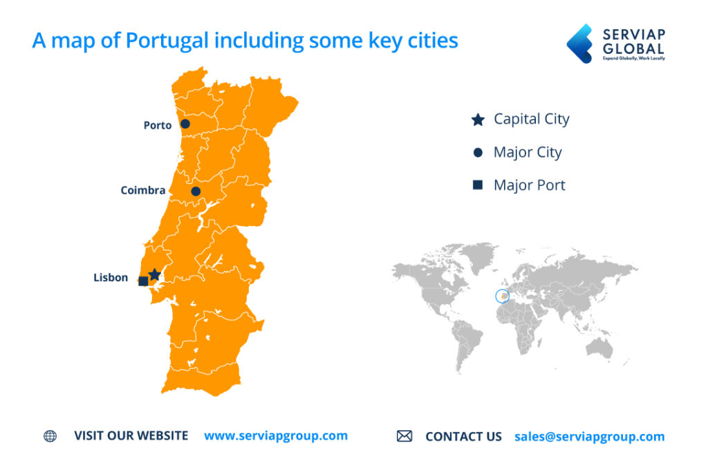 Serviap Global map showing the best places to hire an employer of record in Portugal