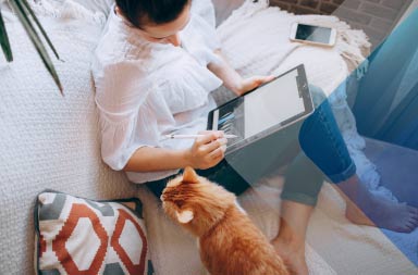 A woman using a computer next to a cat to illustrate article on distributed workforce management.