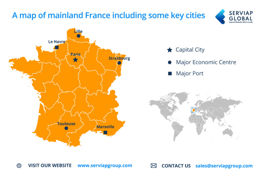 Um mapa global Serviap da França continental para mostrar as principais cidades  