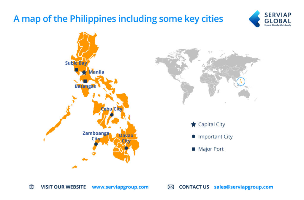 Eine grafische Karte der Philippinen von Serviap Global zur Illustration eines Artikels über die Einstellung von Arbeitskräften auf den Philippinen
