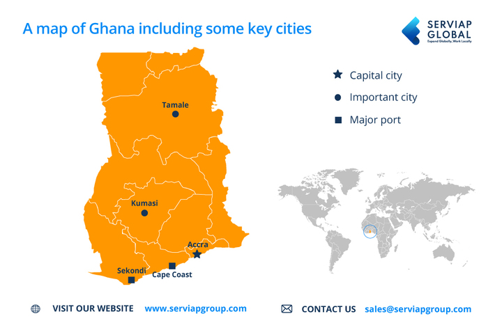 A Serviap Global map of Ghana to illustrate article of employer of record in Ghana