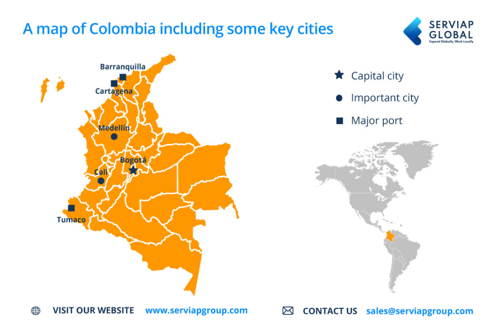 Eine Serviap-Global-Karte von Kolumbien zur Illustration und Begleitung eines Artikels über EOR in Kolumbien.