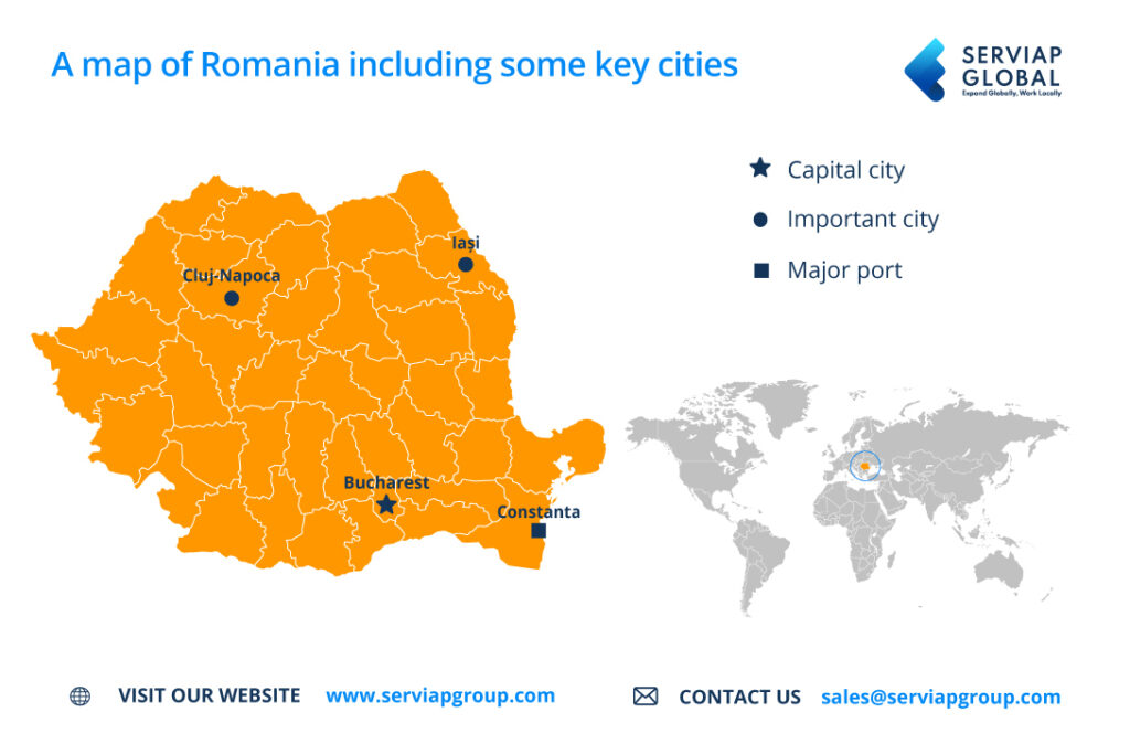 Eine Karte von Rumänien von Serviap Global zur Illustration des Artikels über EOR in Rumänien
