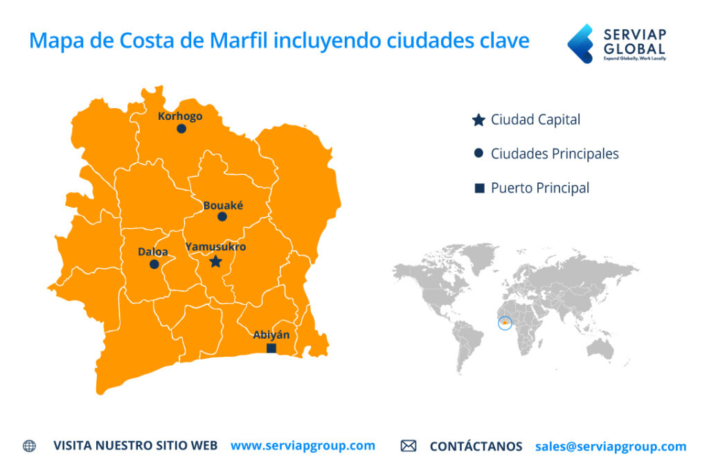 Un mapa realizado por Serviap Global para acompañar un artículo sobre empleador registrado en Costa de Marfil.