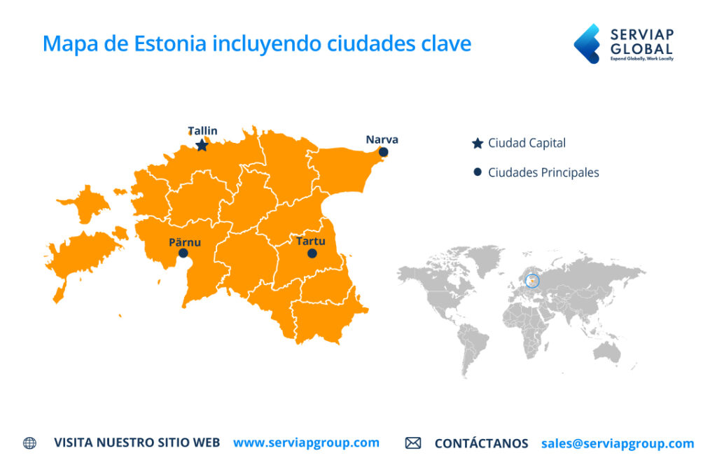 Un mapa de Serviap Global para acompañar el artículo sobre la contratación a través de un empleador registrado en Estonia.