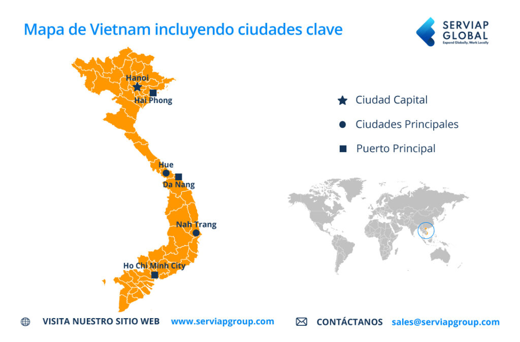 Un mapa de Serviap Global acompaña el artículo sobre la contratación mediante un EOR en Vietnam.