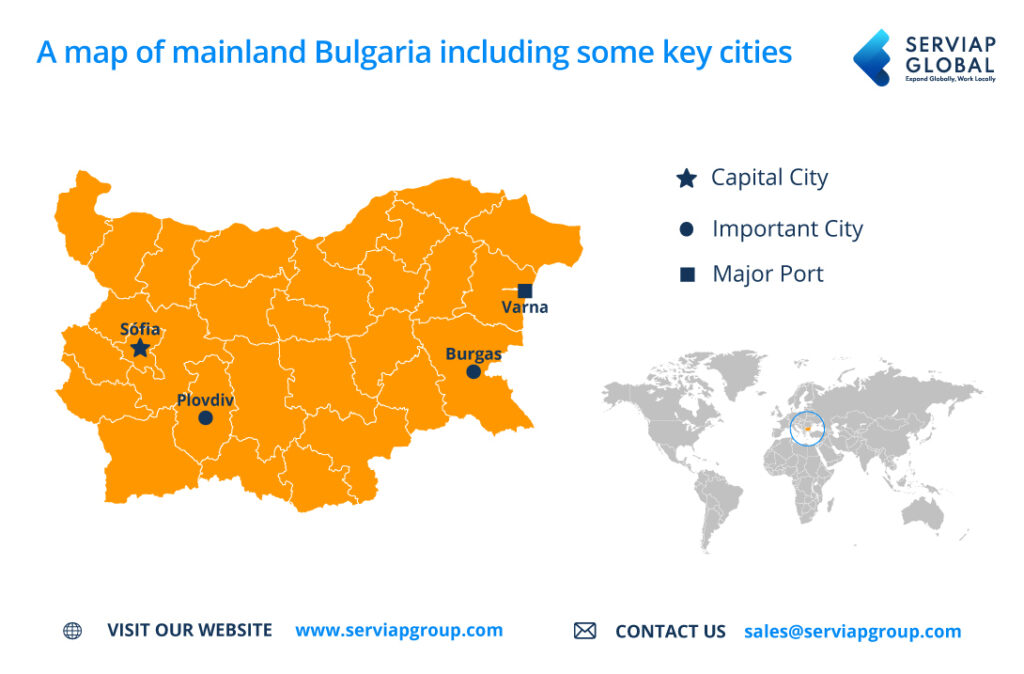 Mapa global da Serviap para ilustrar o artigo sobre o empregador de registro na Bulgária.
