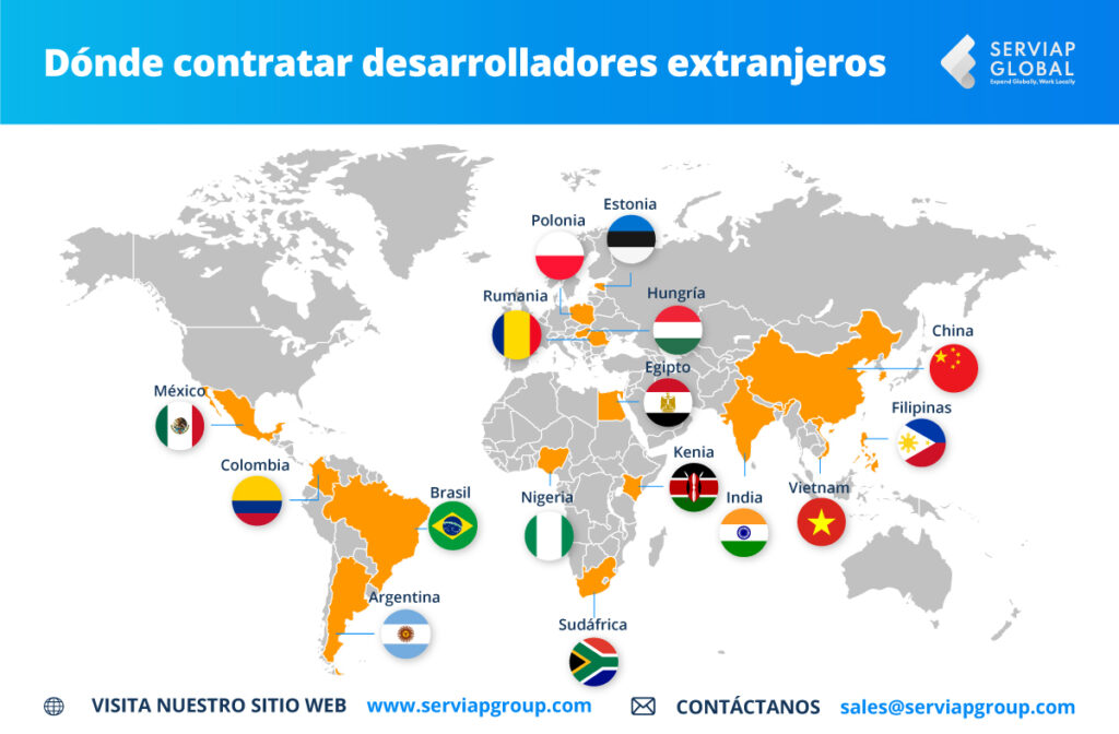 Mapa de Serviap Global sobre dónde contratar desarrolladores en el extranjero a través de un EOR.