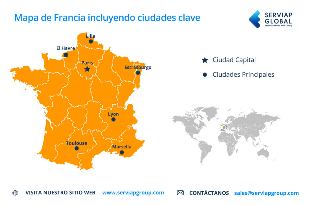 Un mapa de Serviap Global de Francia continental para mostrar las ciudades clave  