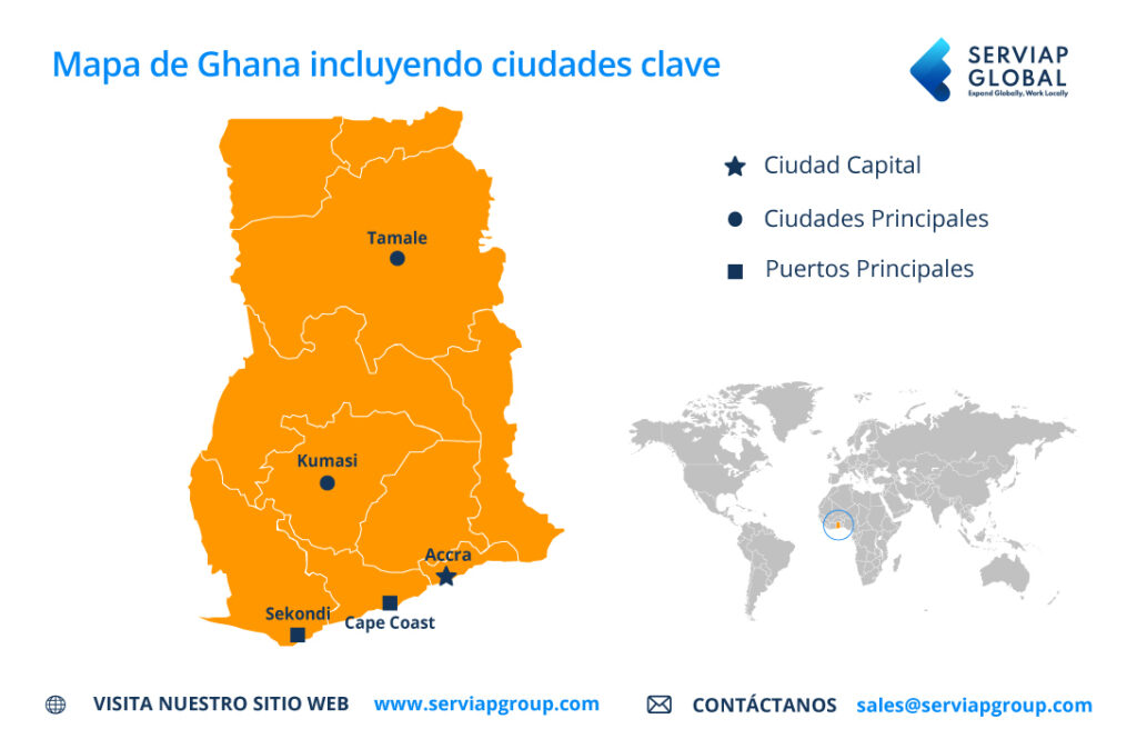 Mapa elaborado por Serviap Global para ilustrar un artículo sobre empleador registrado en Ghana.