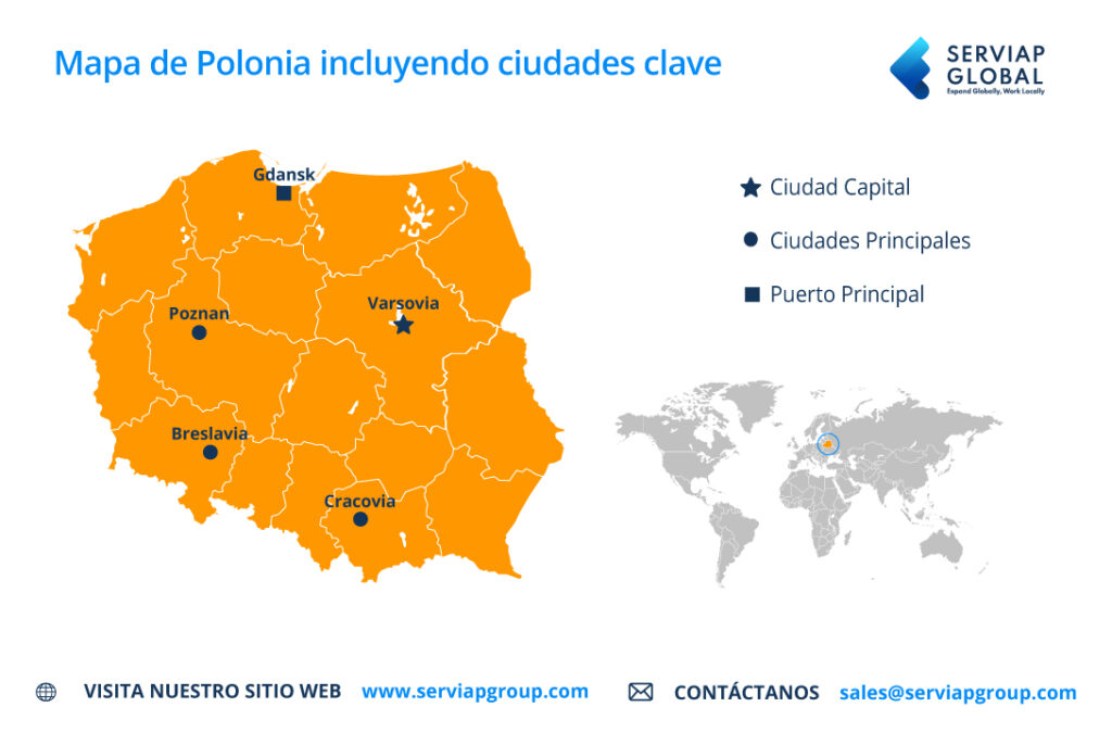 Un mapa Serviap Global de Polonia para acompañar el artículo sobre la contratación a través de un empleador registrado en Polonia / EOR en Polonia.