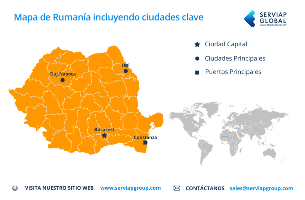 Mapa de Rumania elaborado por Serviap Global para ilustrar un artículo sobre EOR en Rumania.