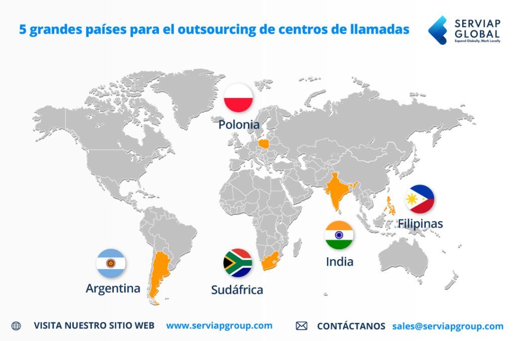 Mapa de Serviap Global de los cinco países ideales para la externalización de centros de llamadas. 