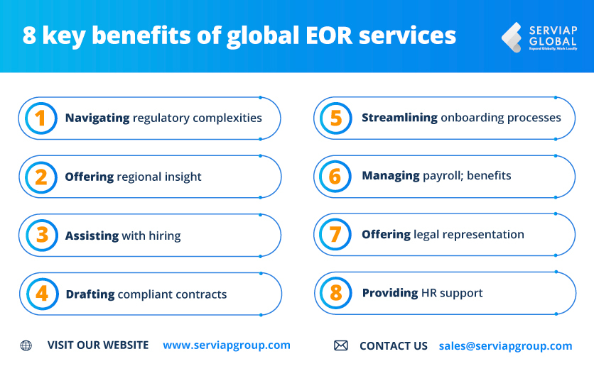 Serviap Global graphic showing some key benefits of global EOR services.