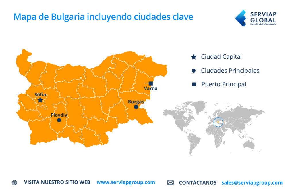 Mapa de Serviap Global para ilustrar un artículo sobre empleador registrado en Bulgaria.