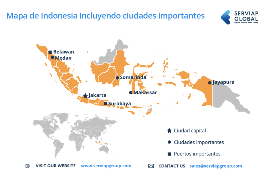 Mapa de Serviap Global para ilustrar un artículo sobre empleador registrado en Indonesia. 