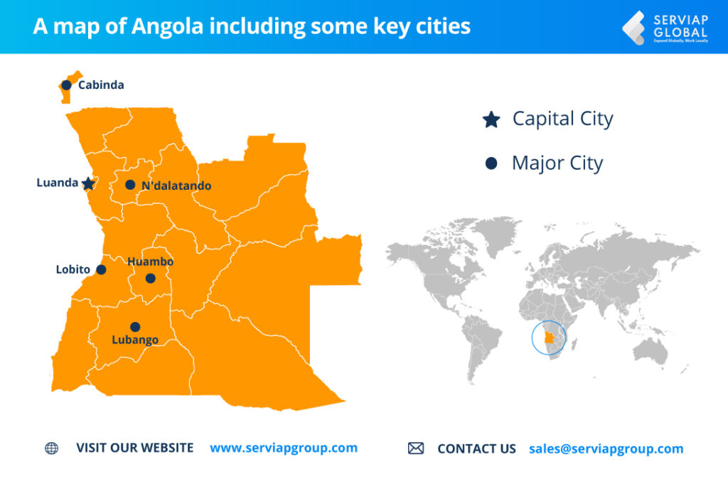 Um mapa da Serviap Global de Angola para acompanhar o artigo sobre os serviços de empregador de registro - ou eor - e outras opções de contratação internacional disponíveis nesse país africano em ascensão.
