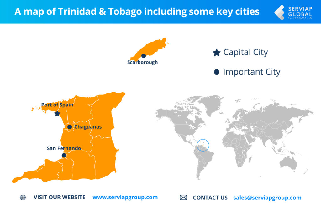 Um mapa com as principais cidade do Trinidad e Tobago para exemplificar a cobertura de serviços de um empregador de registro em Trinidad e Tobago.