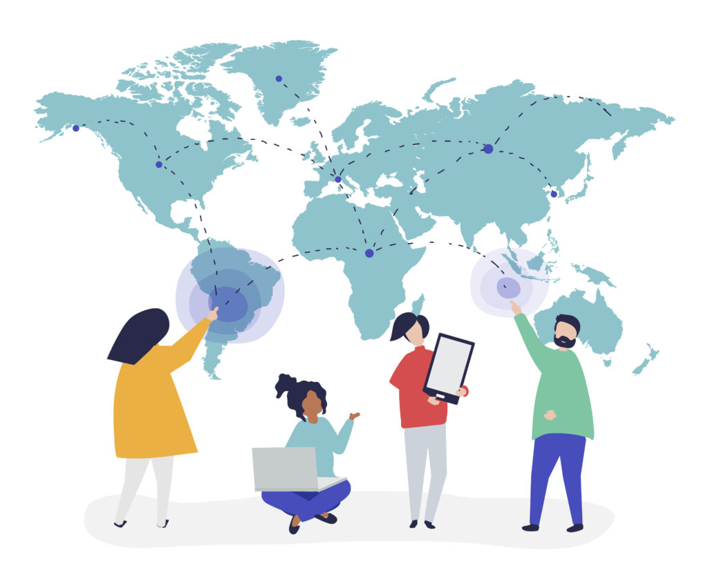 Ilustración de personajes con el concepto de red global