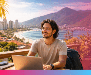 Digital nomad working remotely from a rooftop terrace in Florianópolis, Brazil