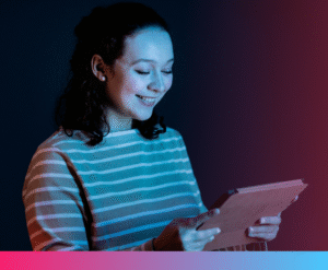 AI upskilling illustration showing a professional using a tablet to develop digital and AI skills as part of a global workforce preparing for the future of work.