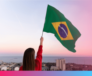 Brazilian flag over an urban skyline in Brazil